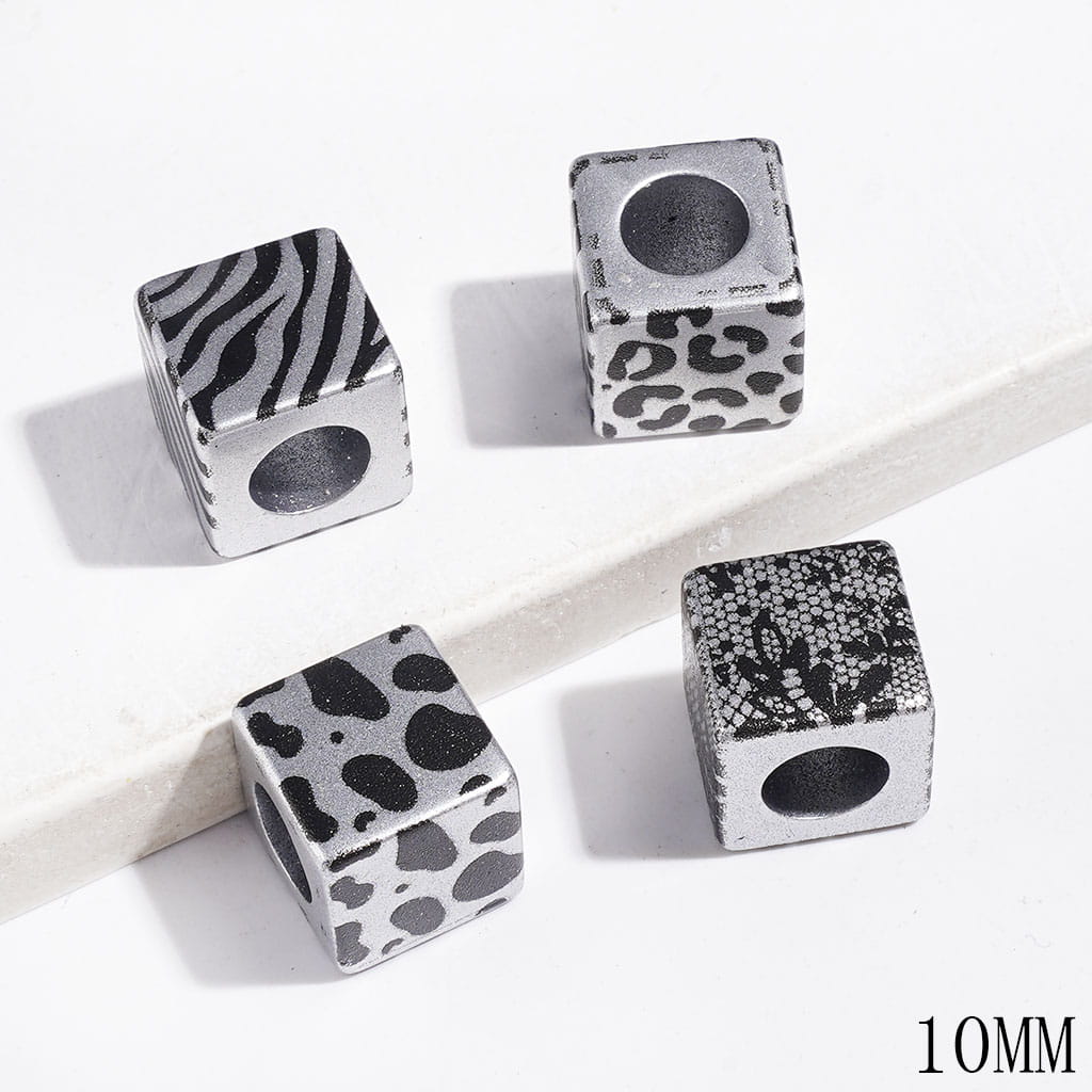 Silver & Gold Acrylic Beads with Black Leopard Prints, 10MM, Cube Square Shape, Big Hole Beads (The Hole Diameter is Around 6MM)