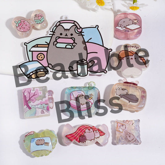 Acrylic Beads and Pendants Chubby Tabby Cat Character, Leisure Time Theme, Random Mix