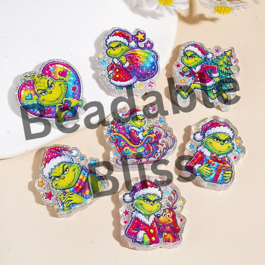 Iridescent Style Christmas Green Character Print and Silver Glitter Acrylic Beads, Random Mix