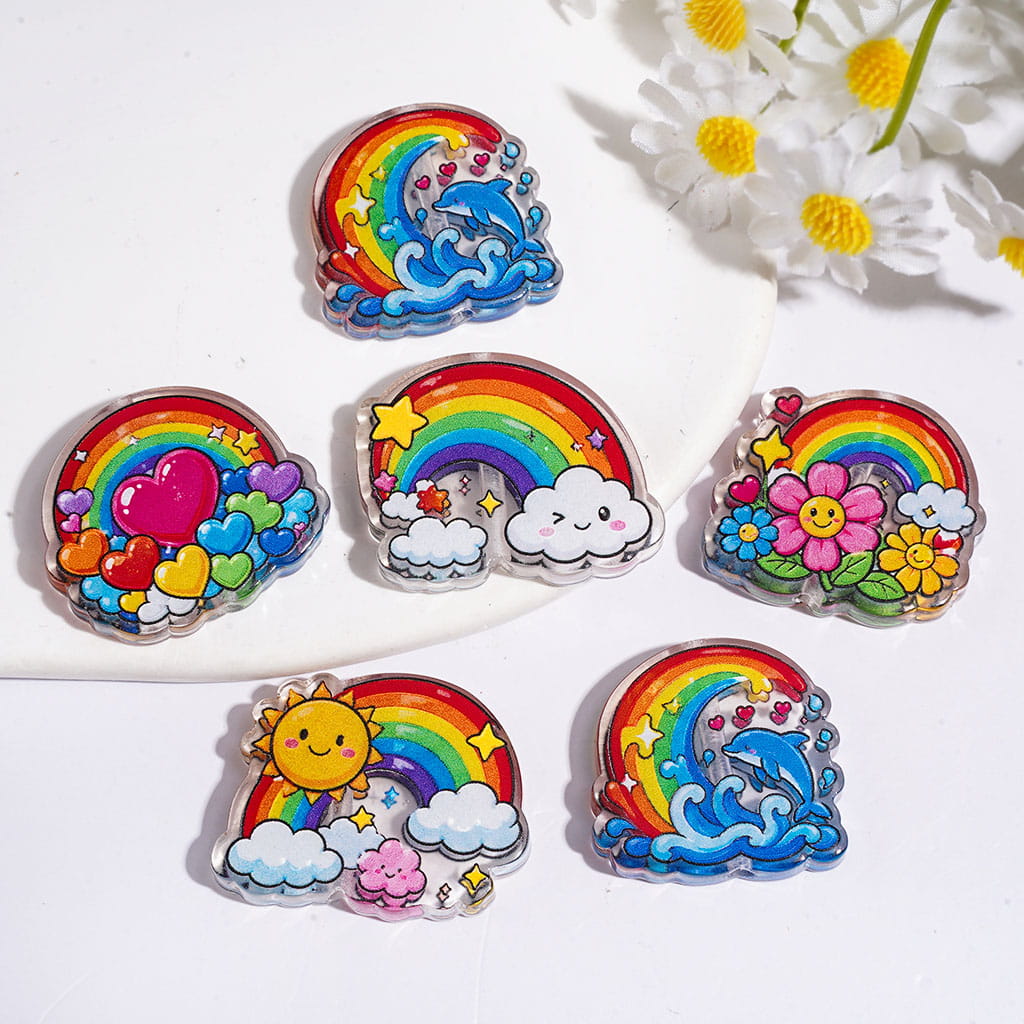 Rainbow Acrylic Beads, Heart Cloud Flower Dolphin Prints, Semi-Clear, Random Mix