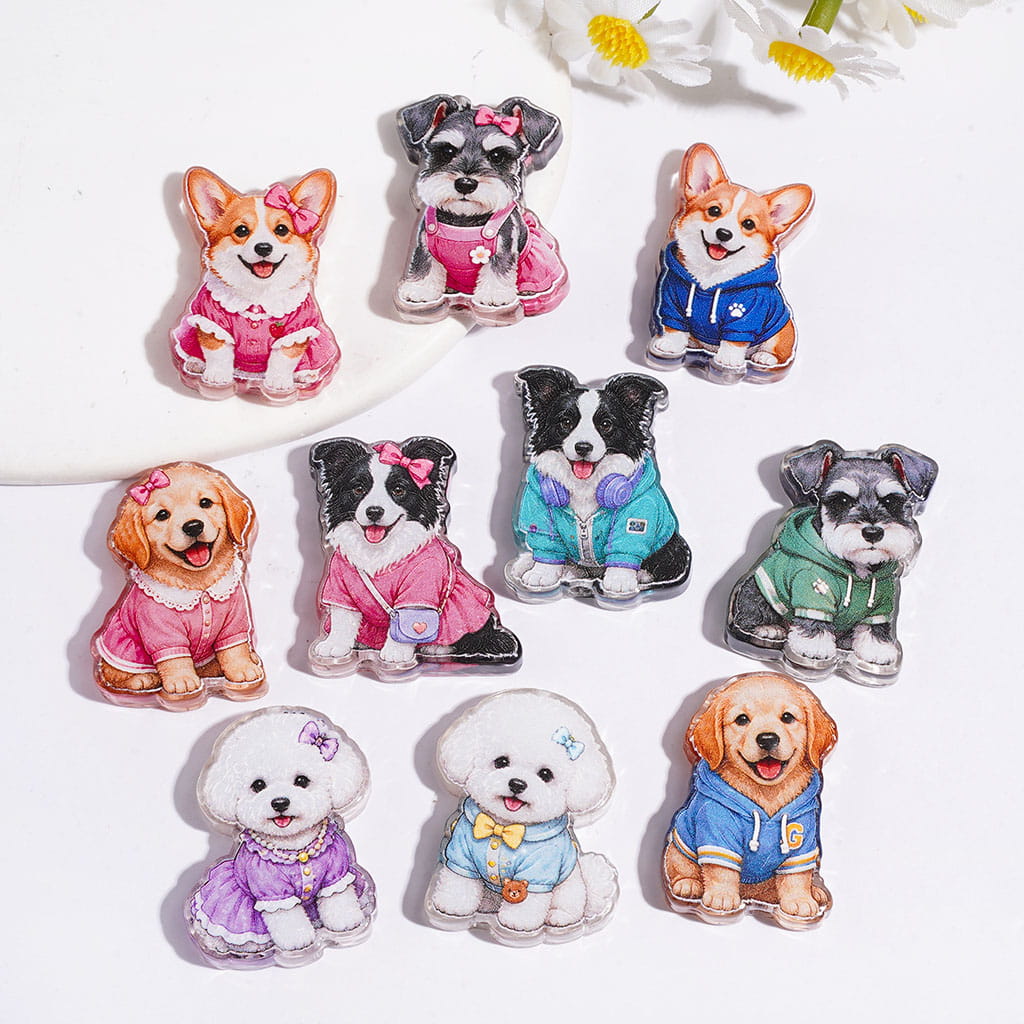 Semi-Clear Pet Dog Puppy in Various Clothes Acrylic Beads, Random Mix