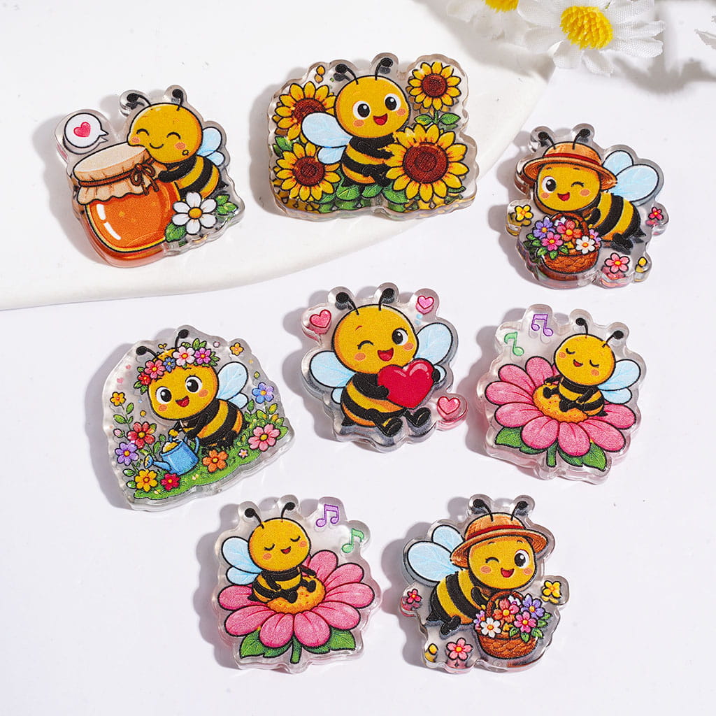 Cute Style Honey Bee Around by Flowers Music Hearts Honey Pot Acrylic Beads, Semi-Clear, Random Mix