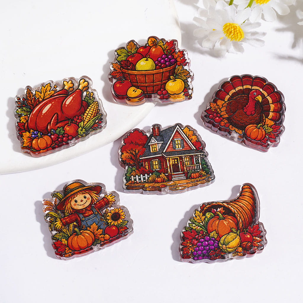 Semi-Clear Thanksgiving Day Theme Acrylic Beads, Food Turkey Fruit House Scarecrow, Random Mix