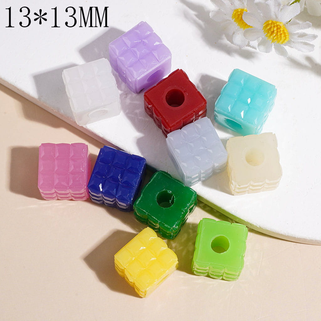 Acrylic Square Beads with Big Hole and Square Texture, 13*13MM Multi-Color Random Mix (The Hole Diameter is Around 4MM)