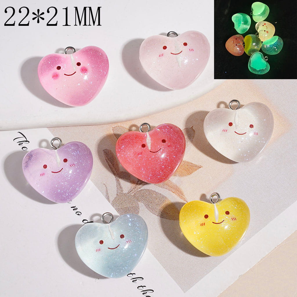 Heart-Shaped Slices Luminous Acrylic Pendants with Smile Face and Glitter, 22*21MM Multi-Color Random Mix