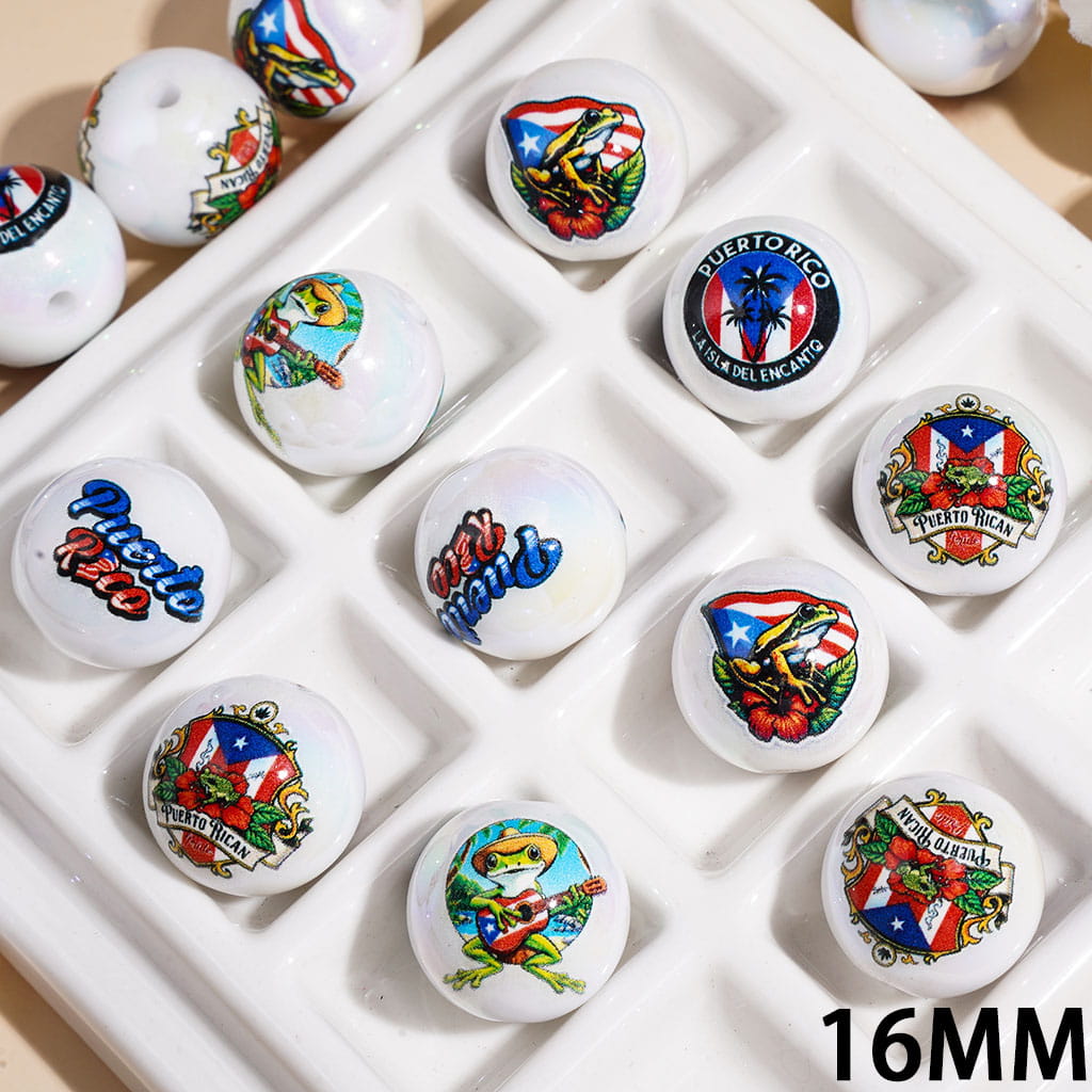 Acrylic Beads for Bracelets UV Coating PUERTO RICO Flag and Frog Series Prints, 16MM, Random Mix