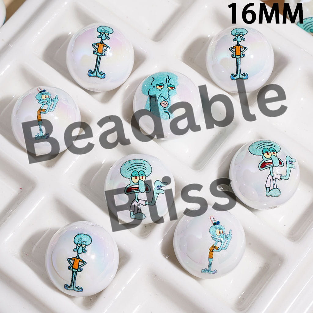 UV Coating Acrylic Beads for Bracelets Gloomy Octopus Character in Various Style, 16MM, Random Mix
