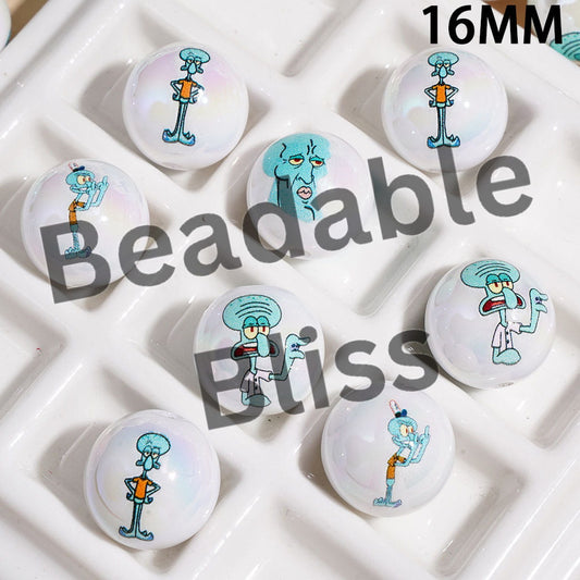 UV Coating Acrylic Beads for Bracelets Gloomy Octopus Character in Various Style, 16MM, Random Mix