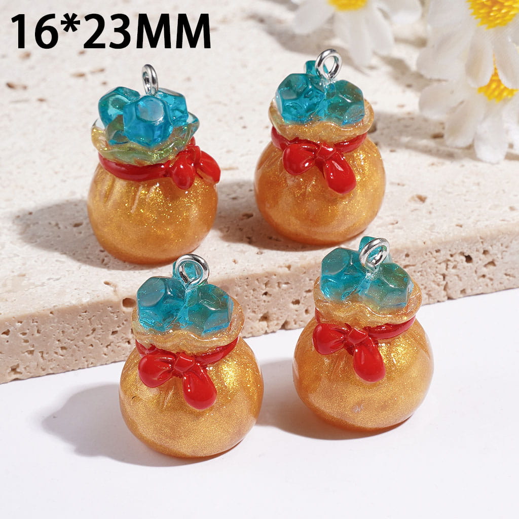 No Hole - Lucky Bag with Gold Glitter Blue Rhinestones Bowtie Acrylic for Pendants Decoration, Jewelry Accessories, 16*23MM