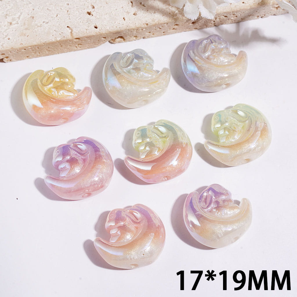 UV-Coated Acrylic Beads with Rabbit Sitting Moon, Gradient Color, 17*19MM Multi-Color Random Mix