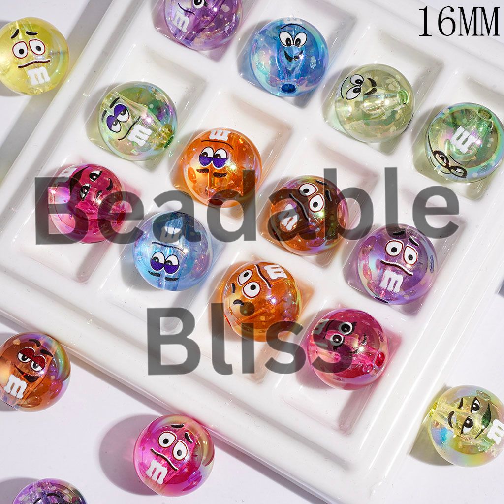 UV-Coated Acrylic Beads for Bracelets Candy Chip Style in Various Face Expressions Designs, 16MM Random Mix Multi-Color