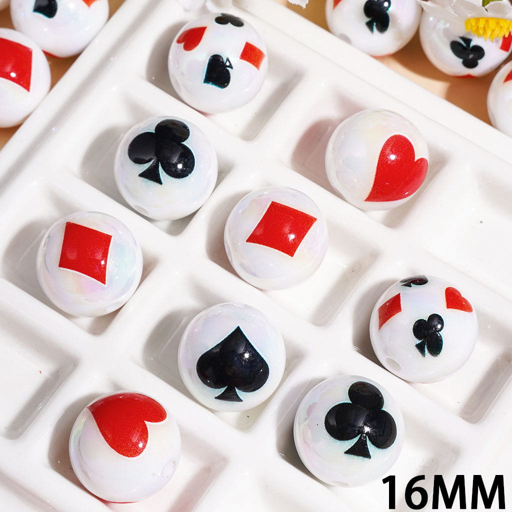 Acrylic Beads for Bracelets UV Coating with Poker Card Suits Prints, 16MM Random Mix
