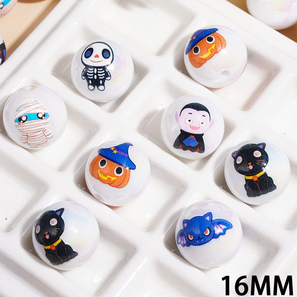UV-Coated Acrylic Beads for Bracelets Halloween with Skeleton Pumpkins Mummies Vampires Black Cats Bat, 16MM Random Mix