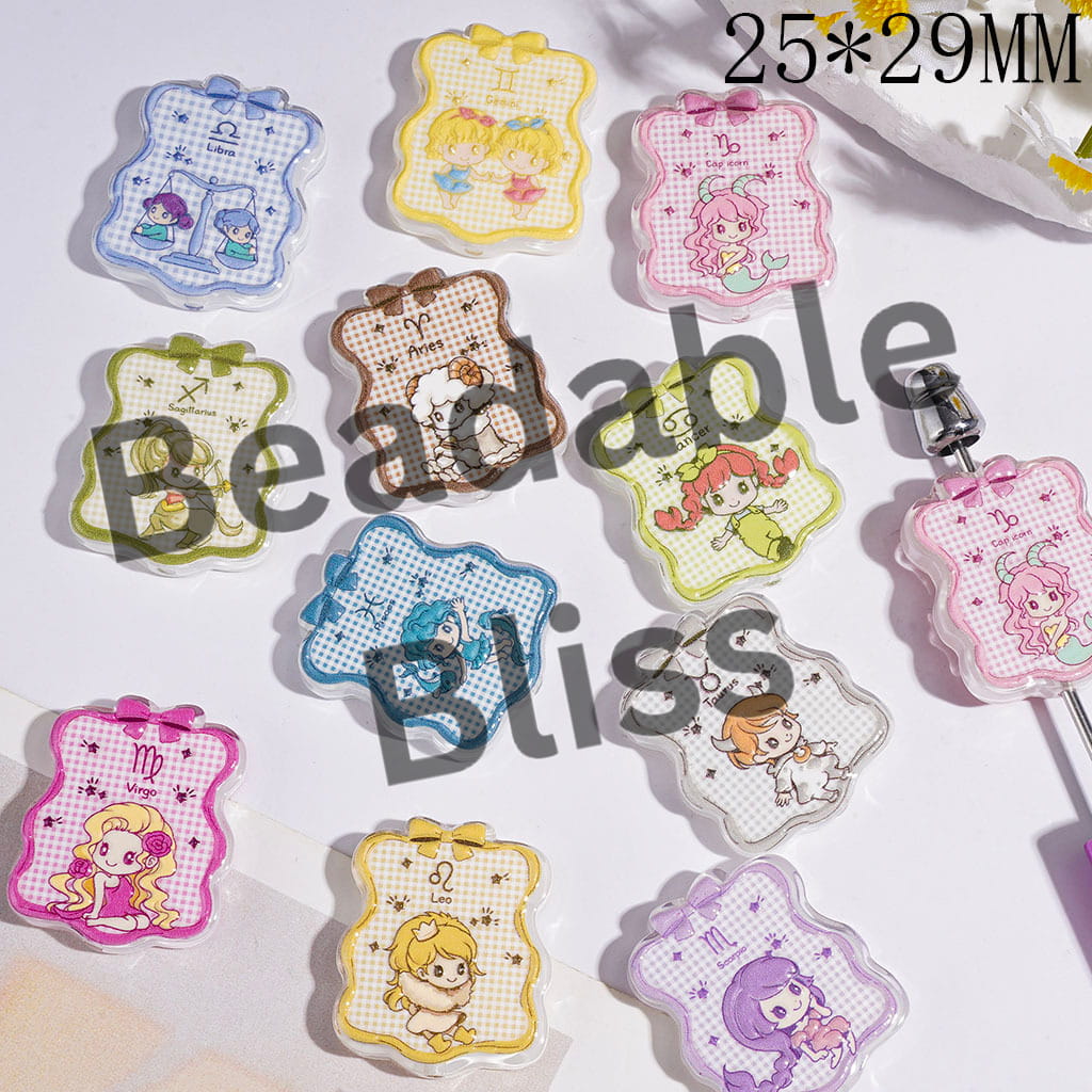 Twelve Constellation Baby Series Acrylic Beads, Wavy Edged Square with Bow, 25*29MM Random Mix