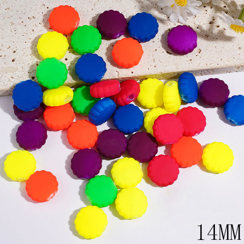 Acrylic Beads with Wavy Edged Flat Round Shape, 14MM Neon Colors, Random Mix