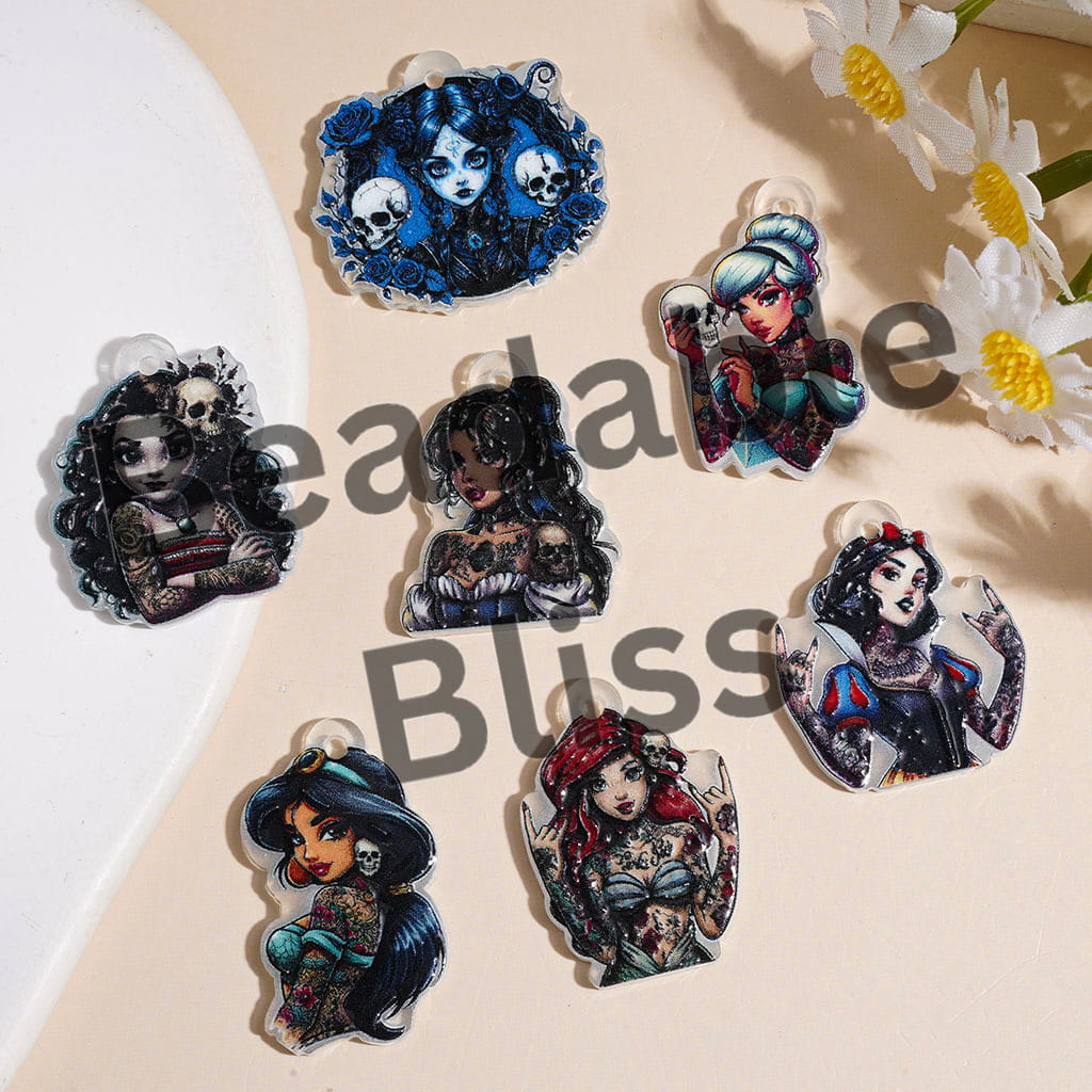 Skull Fairy Tale Princess Tattoo Series Halloween Theme Acrylic Pendants, Random Mix
