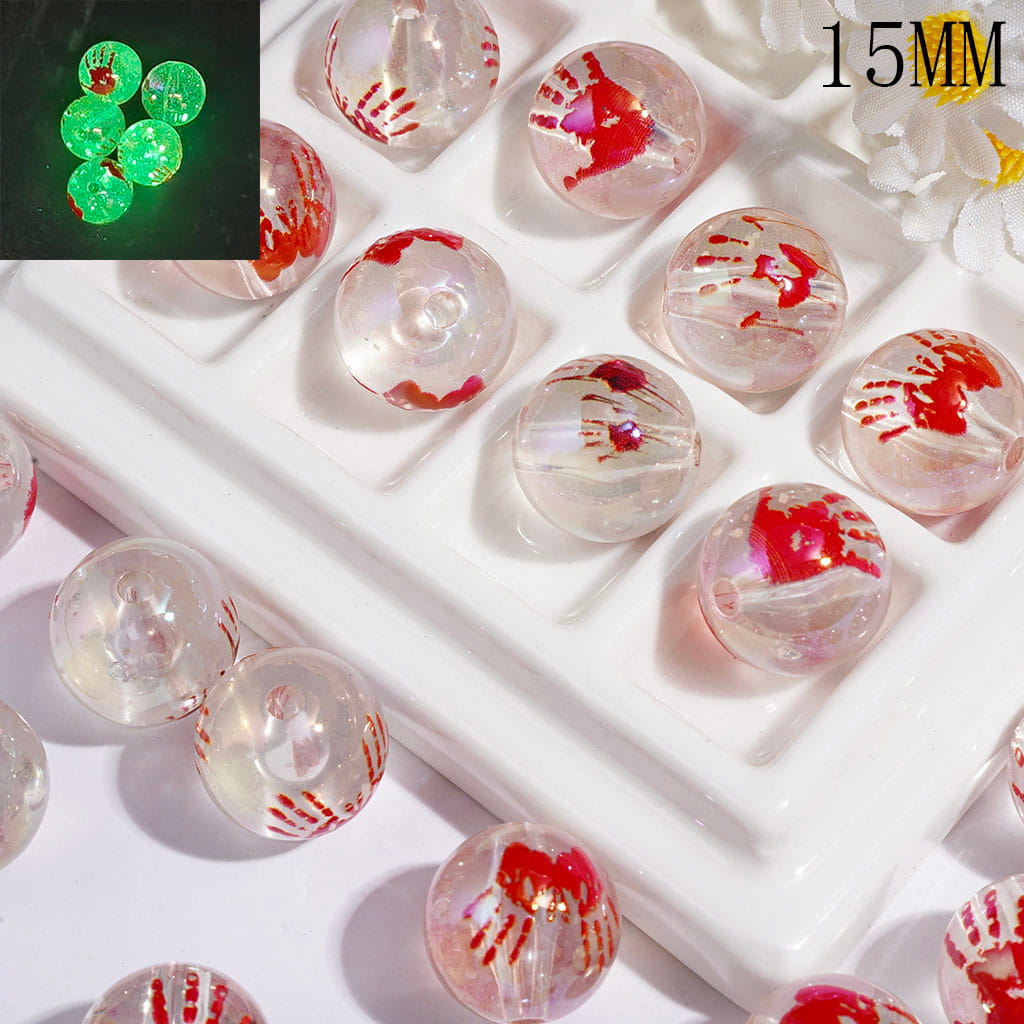UV-Coated Acrylic Beads for Bracelets Luminous with Red Hand Prints, Transparent, Round Shape, 15MM Random Mix
