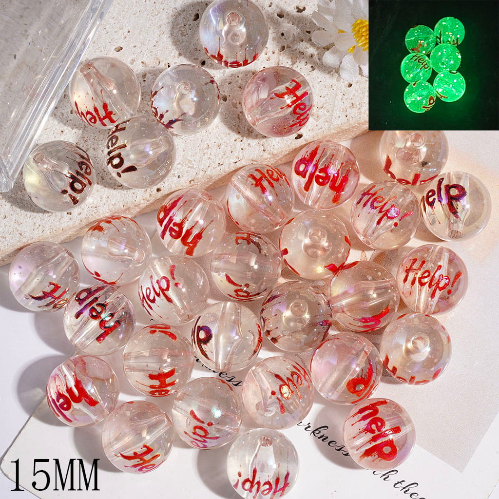 UV-Coated Acrylic Beads for Bracelets Luminous with Red Text "Help" Pattern, Clear, Round Shape, 15MM Random Mix