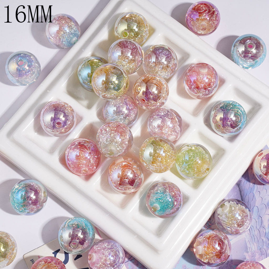 UV-Coated Acrylic Beads for Bracelets with Rose Flower and Glitter Embedded Inside, Dreamy Style, 16MM Multi-Color Random Mix