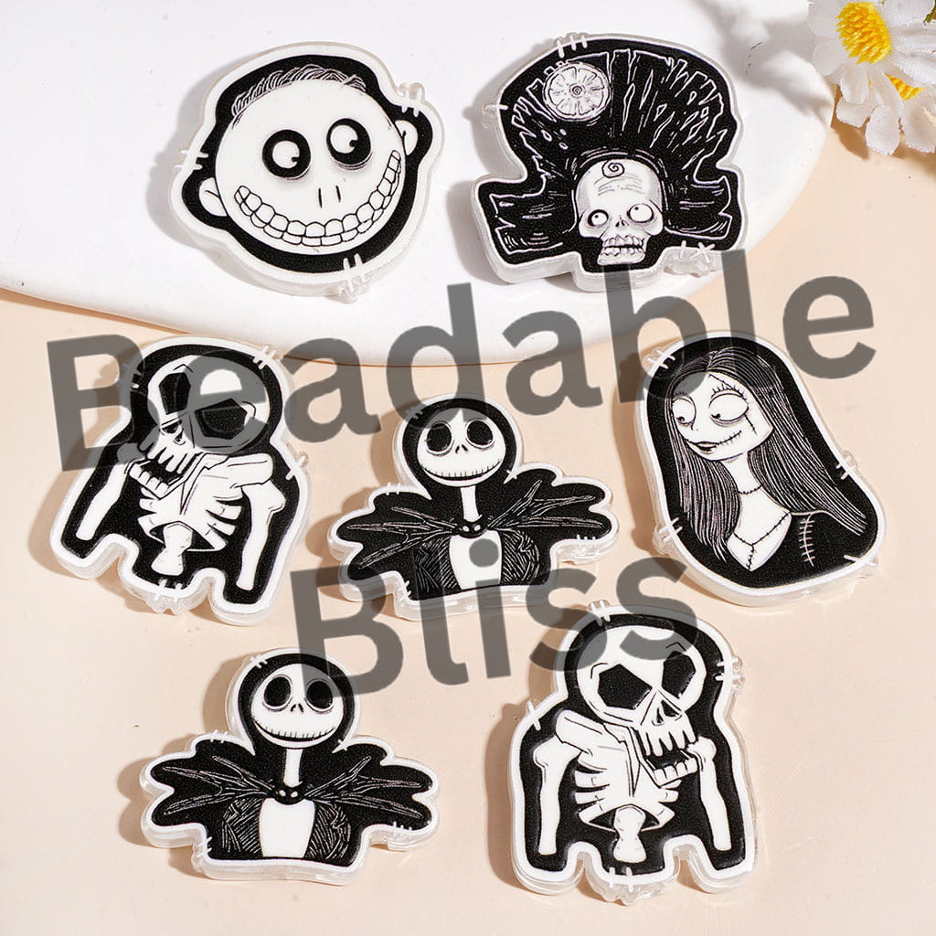 Acrylic Beads Wicked Skull Skeleton Couple Character, Semi-Clear, Random Mix, Black White Series