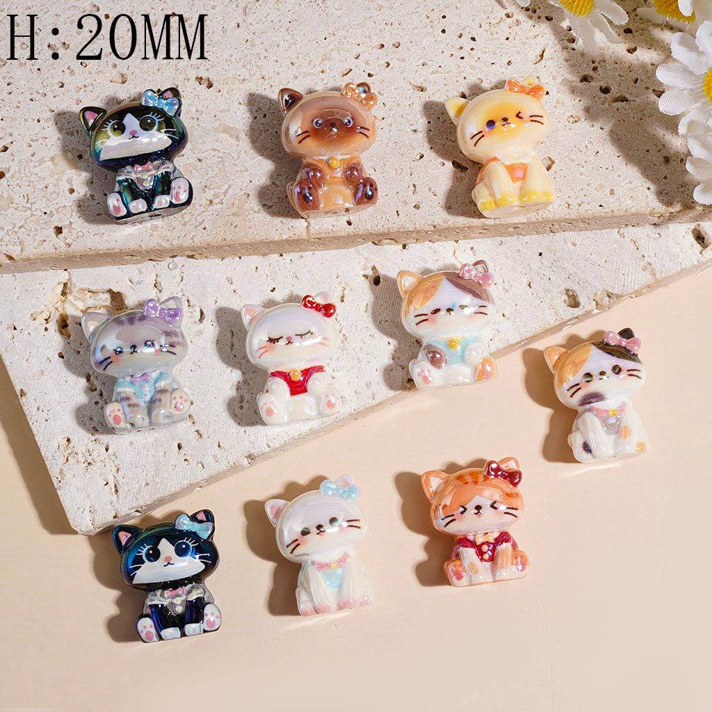 Cute Kitten Wearing Bowtie UV-Coated Acrylic Beads, Height 20MM, Sitting Position Series, Random Mix