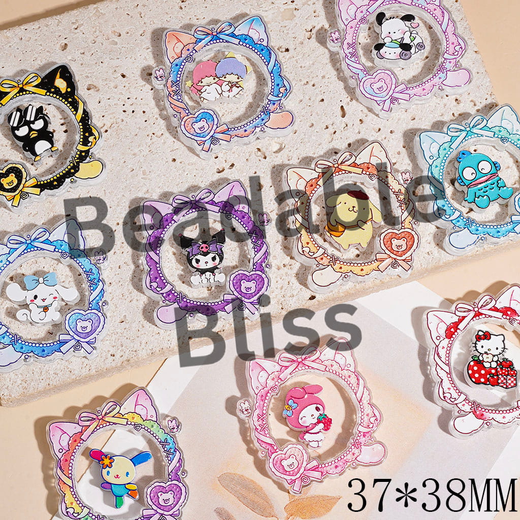 Adorable Character Acrylic Beads, Cat Head Shape Frame w Bow & Cartoon Pieces, 37*38MM Random Mix (Please Read Description)
