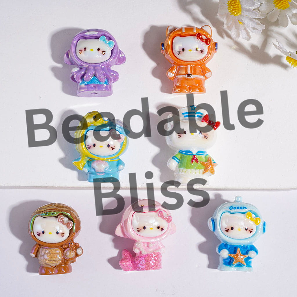 UV-Coated Acrylic Beads Cute Cat Character Wearing Marine Life Sailor Diving Suits, Random Mix Multi-Color