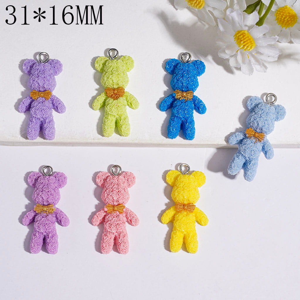 Acrylic Pendants Bear Shape with Rose Flower Gold Bowtie, 31*16MM Multi-Color Random Mix