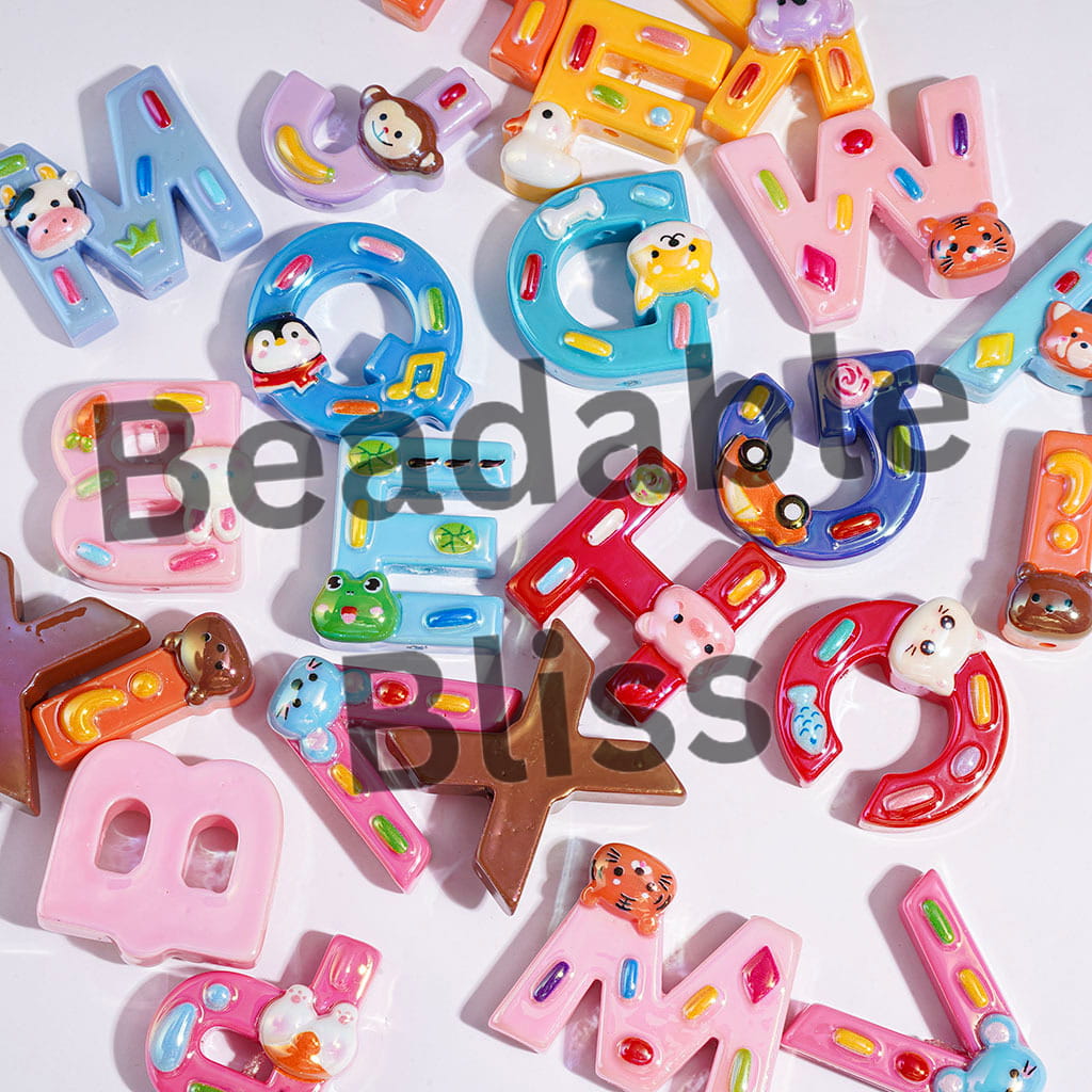 UV-Coated Acrylic Beads Alphabet All Letter with Cartoon Animal Fruit Candy, Random Mix