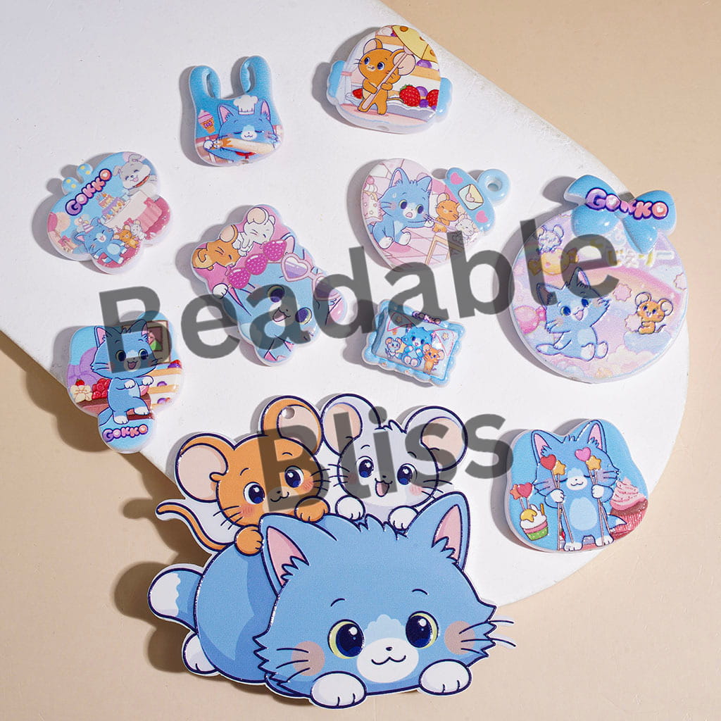 Acrylic Beads and Pendants Funny Cat and Mouse Character Desserts Series, Random Mix