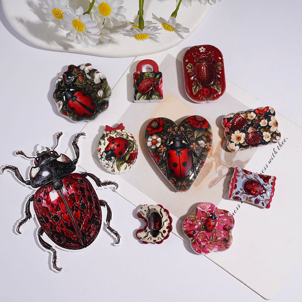 Acrylic Beads and Pendants Ladybug with Flower Series in Dark Red, Random Mix