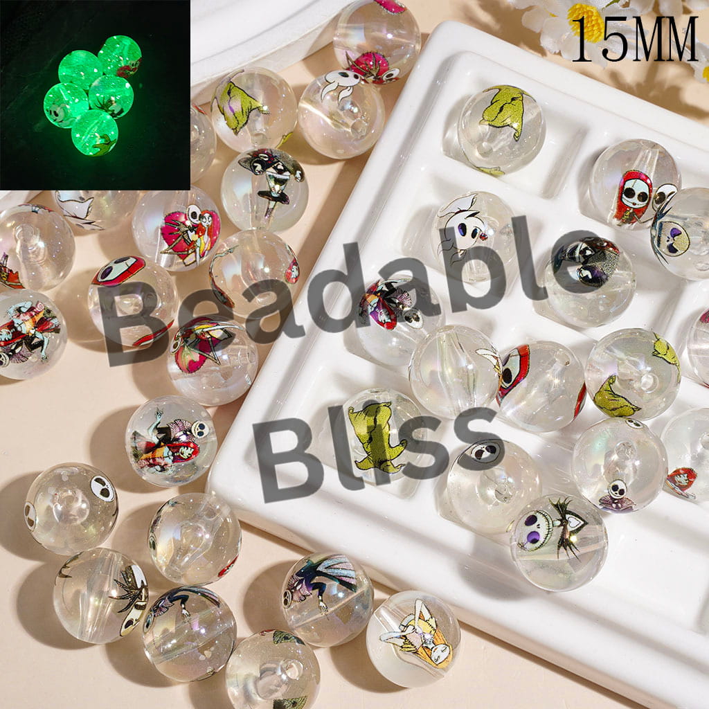 Acrylic Beads for Bracelets Luminous with Halloween Skull Skeleton Couple Character Prints, 15MM, Random Mix