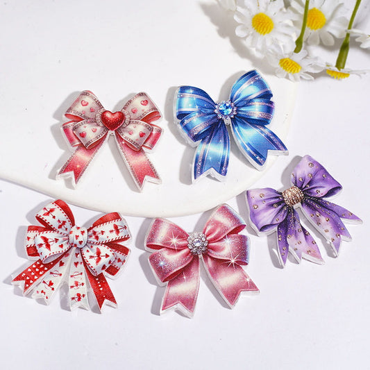 Exquisite Bowtie with Diamond Heart Prints Acrylic Beads, Various Colors, Random Mix
