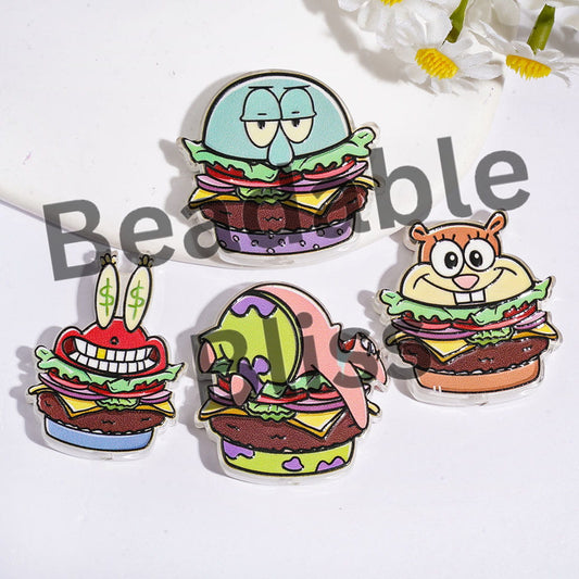 Hamburger Shape Acrylic Beads, Crab Boss Octopus Squirrel Starfish Character, Random Mix