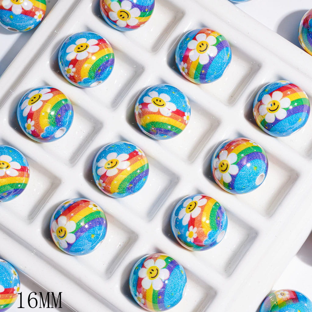 Blue Acrylic Beads for DIY Bracelets and Necklets, with Smiling Daisy Flower and Rainbow Print, 16MM, UV Coating Process