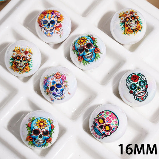 Day of the Dead Skull with Flower UV-Coated Acrylic Beads for Bracelets, 16MM, Random Mix