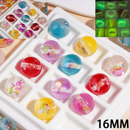 16MM Luminous & Color Changing- Goldfish and Gold Glitter Acrylic Beads, Semi-Clear, Multicolor, Random Mix