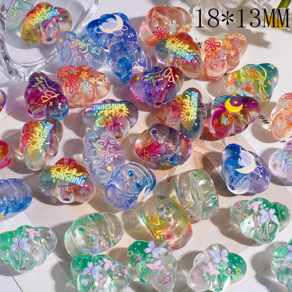 Acrylic Beads Cloud Shape with Flower Butterfly Star Moon Print, 18*13MM, Translucence, Multicolor, Random Mix