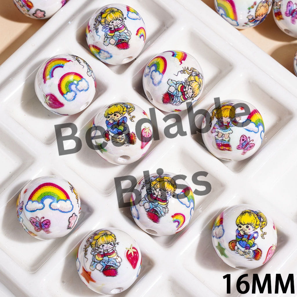 UV-Coated Acrylic Beads for Bracelets with Rainbow Girl Character Prints, 16MM Random Mix