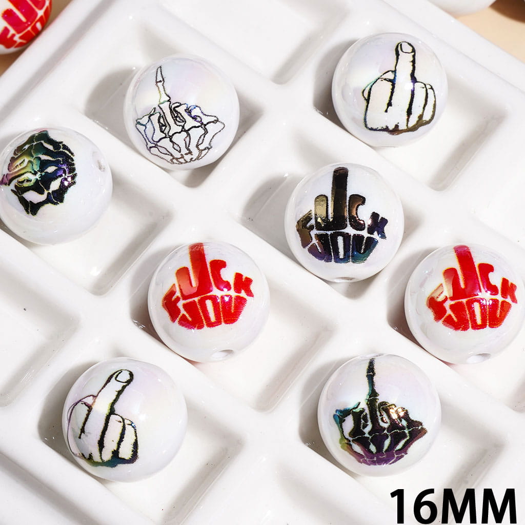 UV-Coated Acrylic Beads for Bracelets with Red Black Humor Gesture and Text Prints, 16MM Random Mix