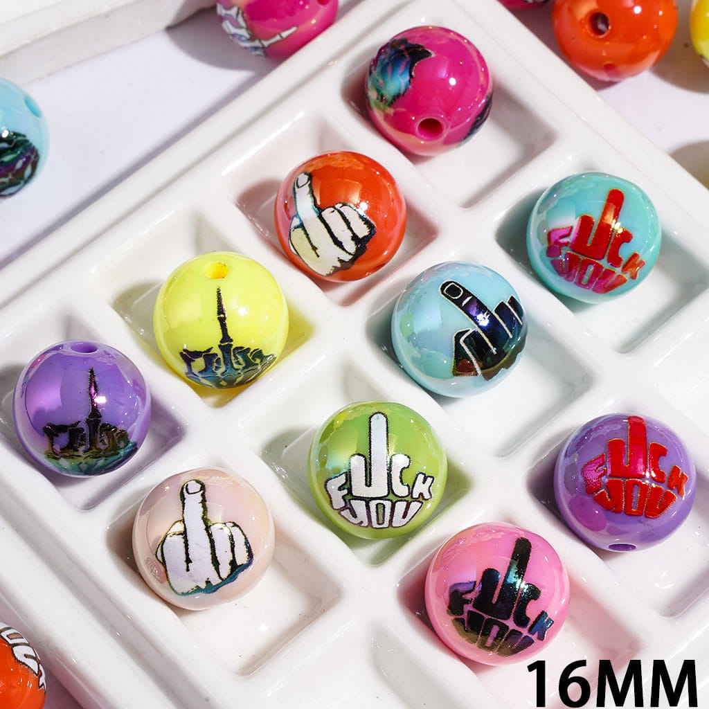 UV-Coated Acrylic Beads for Bracelets with Humor Gesture and Text Prints, 16MM Multi-Color Random Mix