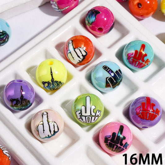 UV-Coated Acrylic Beads for Bracelets with Humor Gesture and Text Prints, 16MM Multi-Color Random Mix