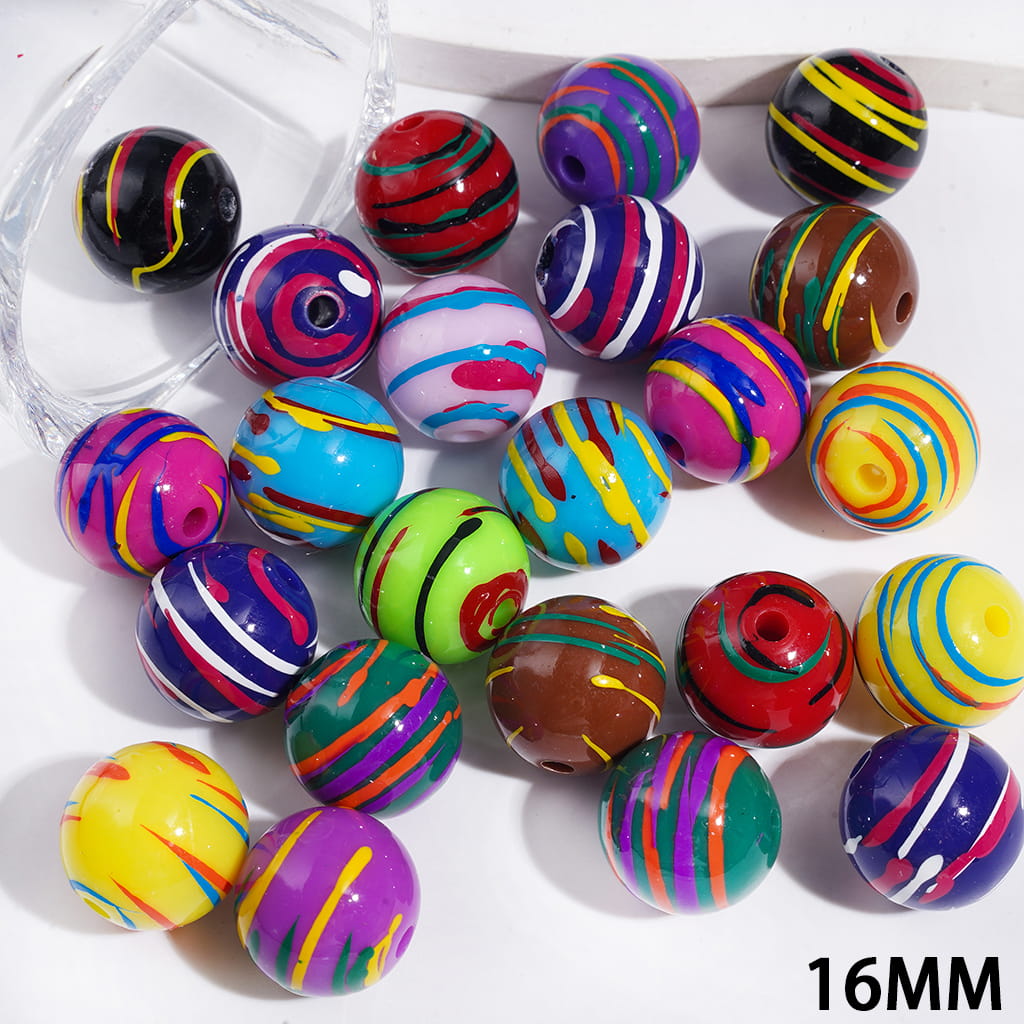 Acrylic Beads for Bracelets with Splashed Ink Stripes Texture, 16MM Multi-Color Random Mix