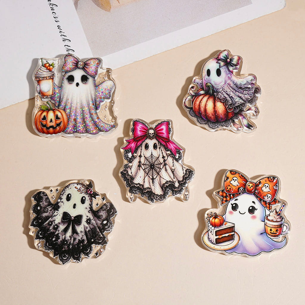 Acrylic Beads Halloween Ghost with Bowtie Pumpkin and Desserts, Semi-Clear, Random Mix