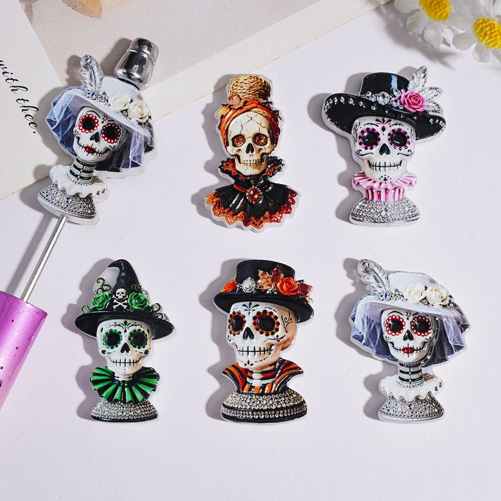 Day of the Dead Skull with Various Style Hat Acrylic Beads, Semi-Clear, Random Mix