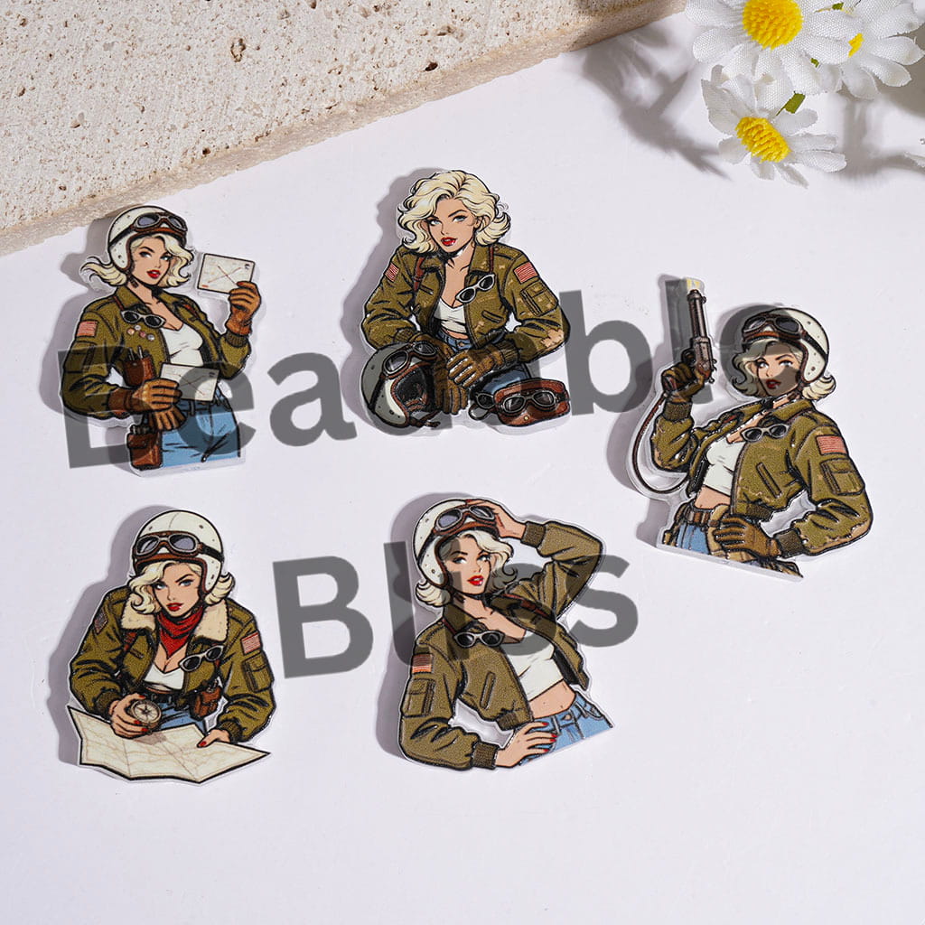 Gold Haired Girl Wearing American Army Green Uniform Acrylic Beads, Random Mix
