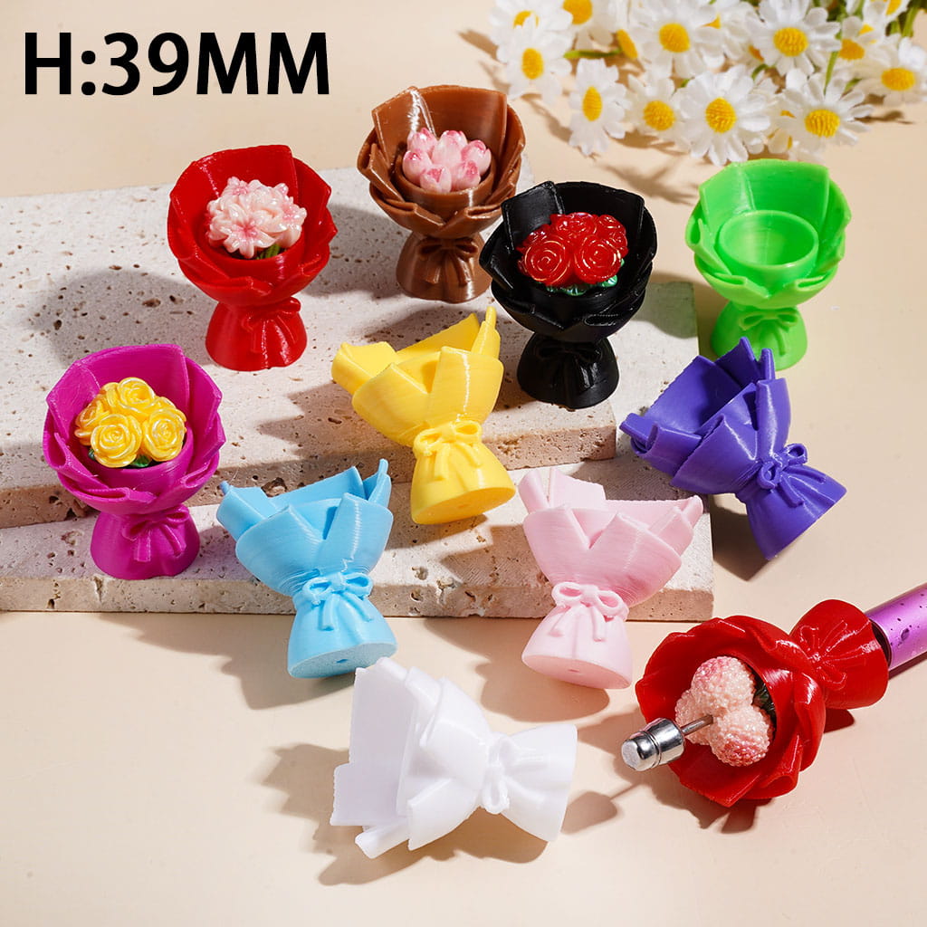 No Flower Ornament - Hollowed Bouquet Style Vase with Bowtie Acrylic Beads, Height 39MM, Multi-Color, Random Mix