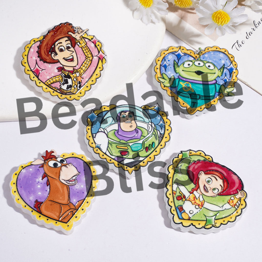 Heart Shaped Acrylic Beads with Toy Adventure Character Prints, Random Mix