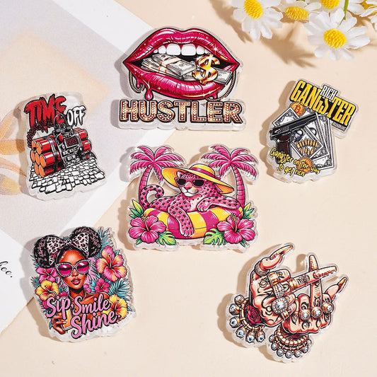 Hip-hop Style Pink Leopard Girl Lip Gun Hot Bundle Hand Acrylic Beads, Random Mix