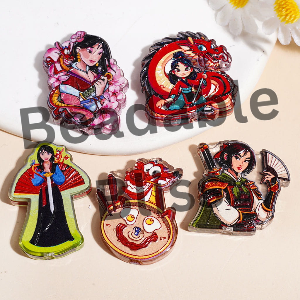 Chinese Female Hero Character Hua Mu Lan Acrylic Bead, Semi-Clear, Random Mix